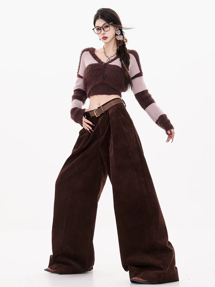 ABWEAR Wei Zhi Winter - Quần âu thẳng chất liệu nhung tăm nguyên bản dành cho nữ 2024 Quần ống rộng đa năng mới