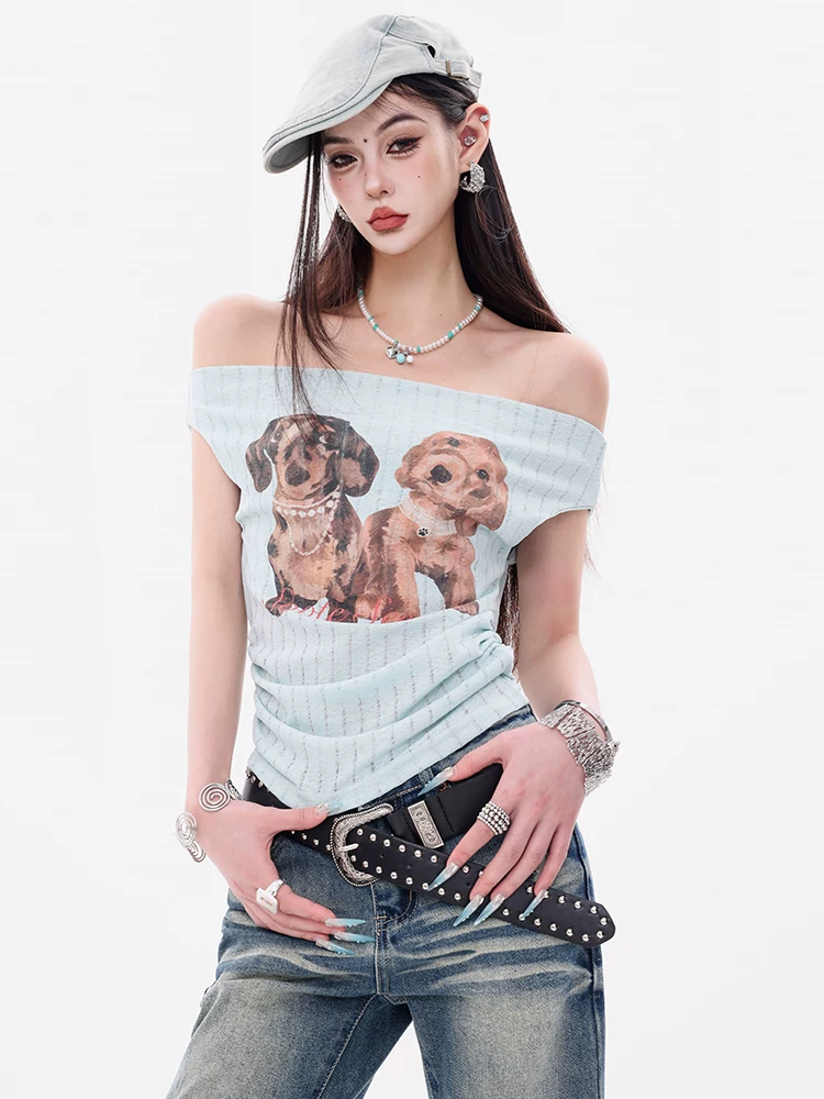 ABWEAR Sweetheart Double Repair - Áo thun ngắn tay lệch vai in hình chó con nguyên bản dành cho nữ, Slim Fit, Áo trễ vai giảm béo