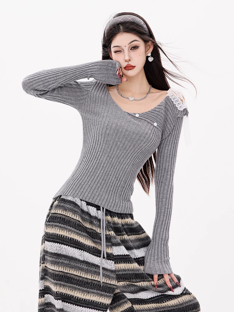 ABWEAR Maple Leaf Love Letter - Áo len dệt kim dài tay có cổ lệch vai bất đối xứng nguyên bản dành cho nữ, áo kiểu dáng ôm vừa vặn mới cho mùa thu đông