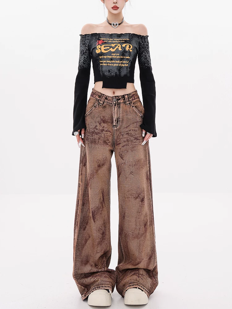 ABWEAR Sunset Neon - Quần jean ống rộng phong cách vùng đất hoang Mỹ mùa thu sớm 2024 dành cho nữ, dáng rộng ống thẳng