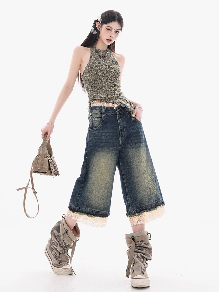 Quần short nữ ống rộng ABWEAR Camellia Language - Denim phối ren kiểu Mỹ cổ điển đã qua xử lý, kiểu dáng 7/8