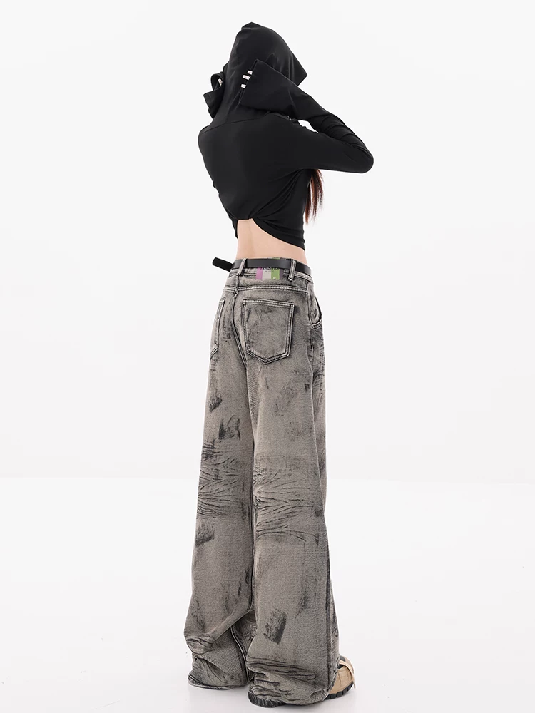 ABWEAR Vector Ruins - Quần jean ống rộng nhuộm màu theo phong cách Retro Wasteland dành cho nữ, lót lông cừu, quần ống đứng mới mùa thu/đông