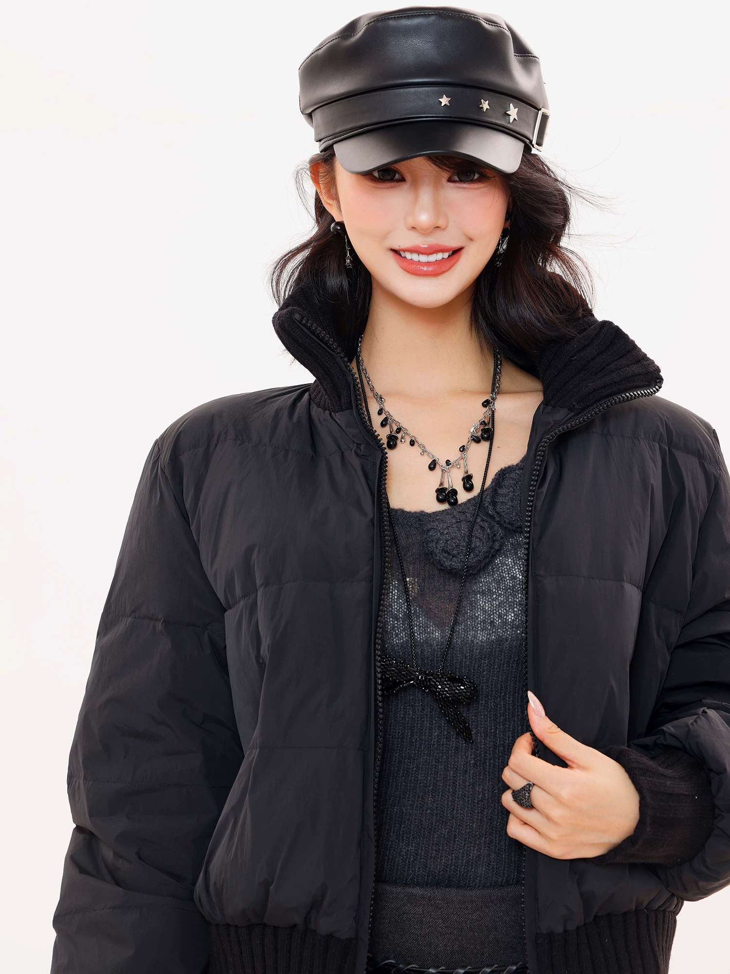 ABWLR First Snowfall - Áo khoác ngắn màu đen nguyên bản có cổ đứng dành cho nữ Áo khoác phao cổ đứng Áo khoác ấm mùa đông
