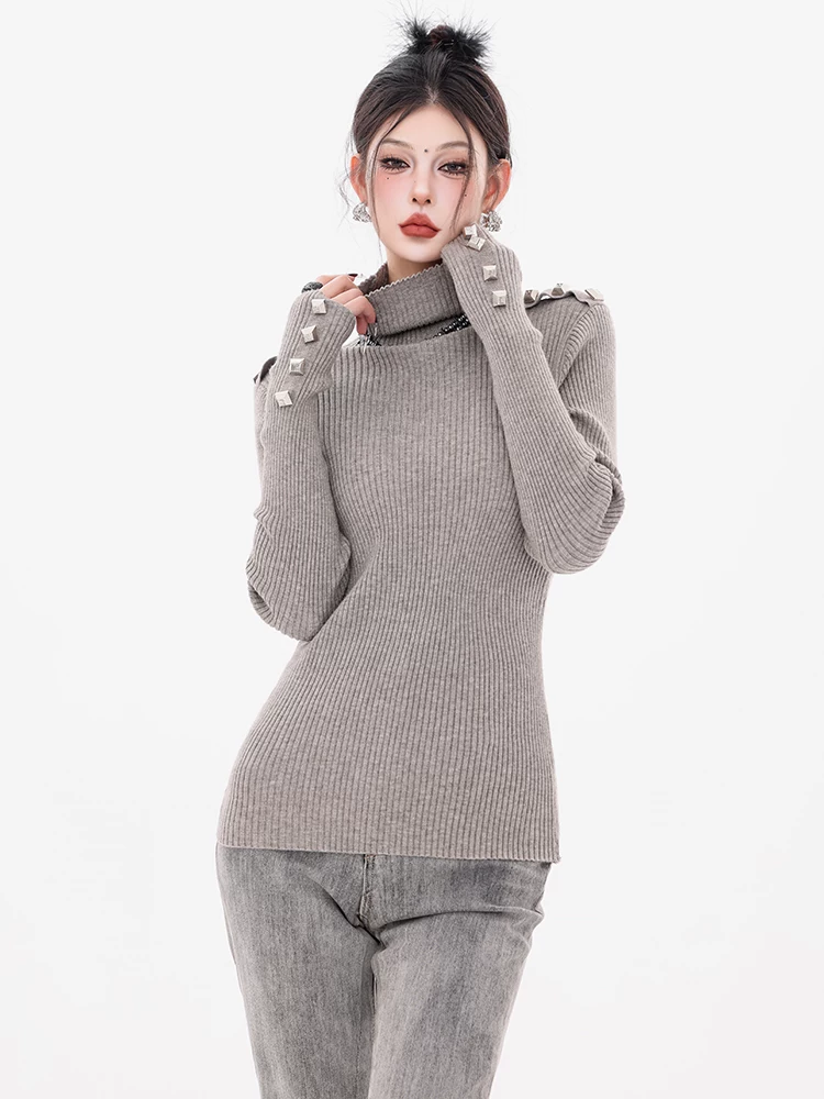 ABWEAR Silver Wing Hunter-Áo dệt kim thiết kế theo phong cách heavy metal nguyên bản dành cho nữ mùa thu đông mới áo dài tay dáng ôm