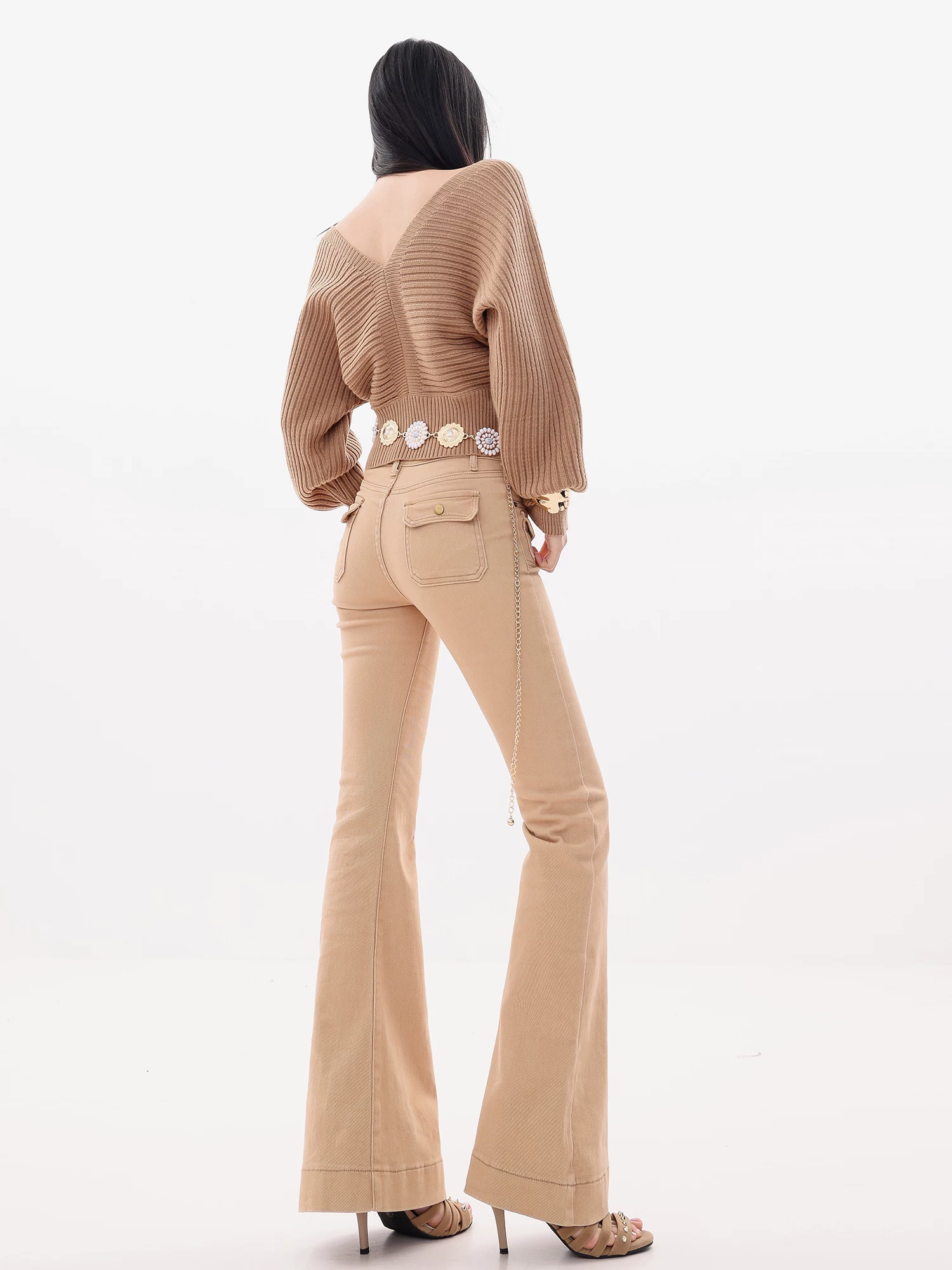 Quần jeans xòe màu kaki nguyên bản ABWLR Elegant Statement dành cho nữ, cạp cao, tôn dáng, ôm sát, kiểu dáng chuông, kiểu dáng móng ngựa