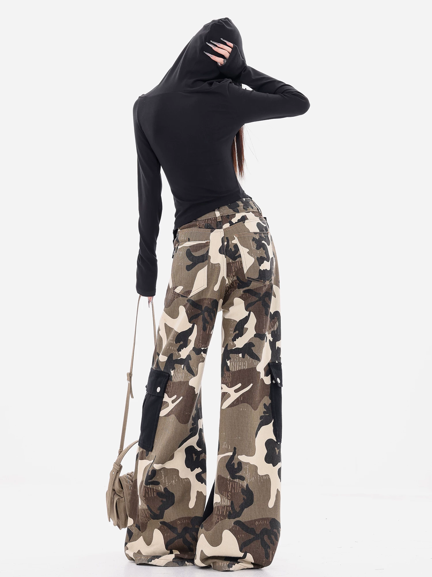 ABWEAR Fifth Street-Original 2025 Quần jean công sở phối họa tiết ngụy trang đầu thu Quần ống rộng dáng rộng dành cho nữ