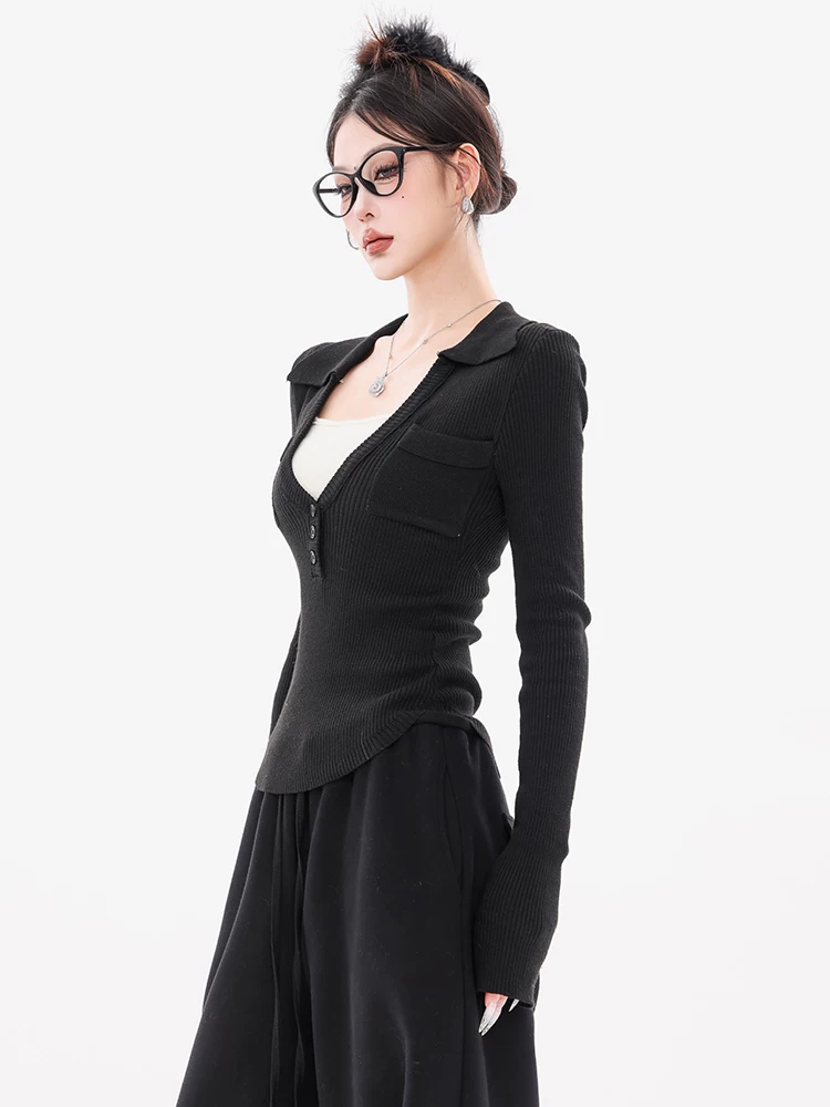 ABWEAR nguyên bản màu đen giả hai mảnh dệt kim dành cho nữ 2024 mới Áo sơ mi POLO dáng ôm vừa vặn áo dài tay