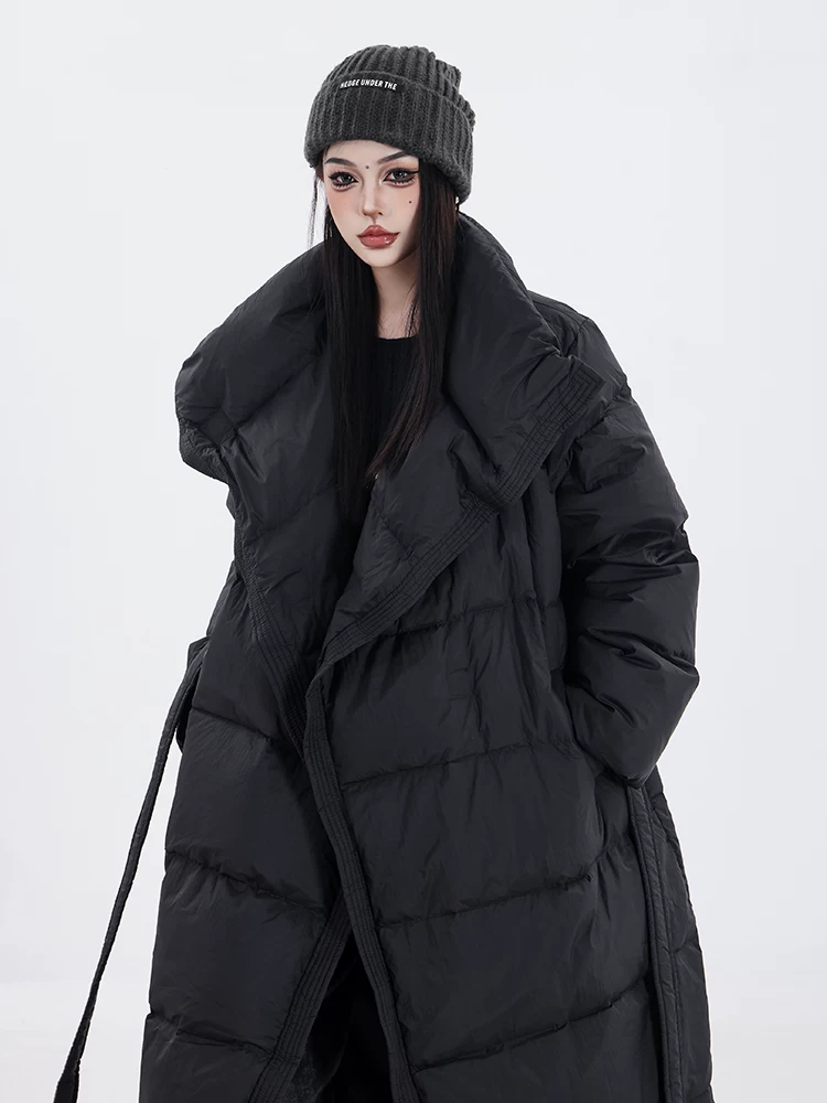 ABWEAR Snow Walk - Áo khoác lông vũ dài vừa phải màu đen mùa đông nguyên bản dành cho nữ với lông vịt trắng và cổ đứng, dài quá đầu gối