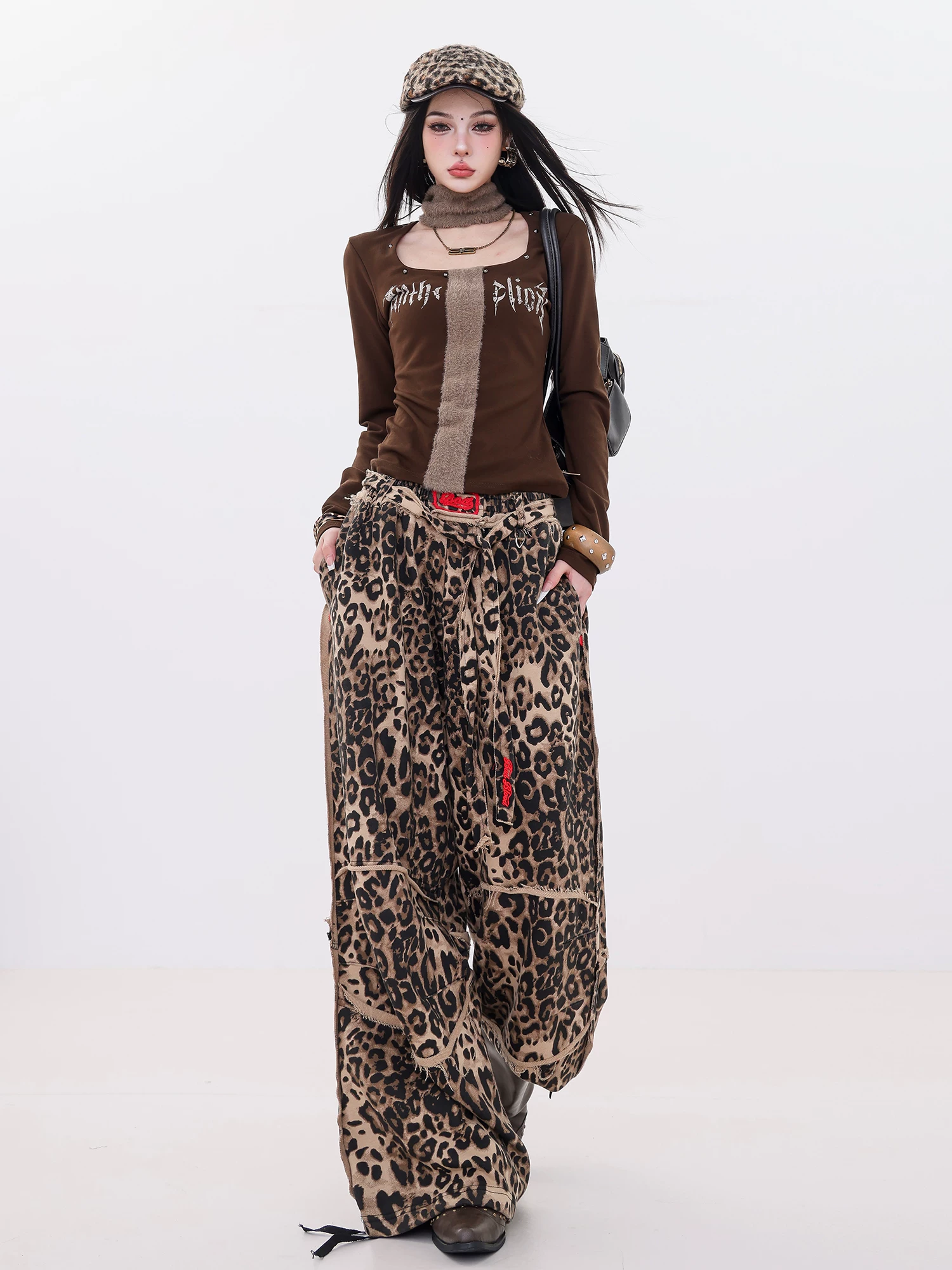 ABWLR Urban Hunter - Quần ống rộng họa tiết da báo cổ điển kiểu Mỹ nguyên bản dành cho nữ, phong cách đường phố Quần ống rộng lưng thun kiểu dáng đơn giản