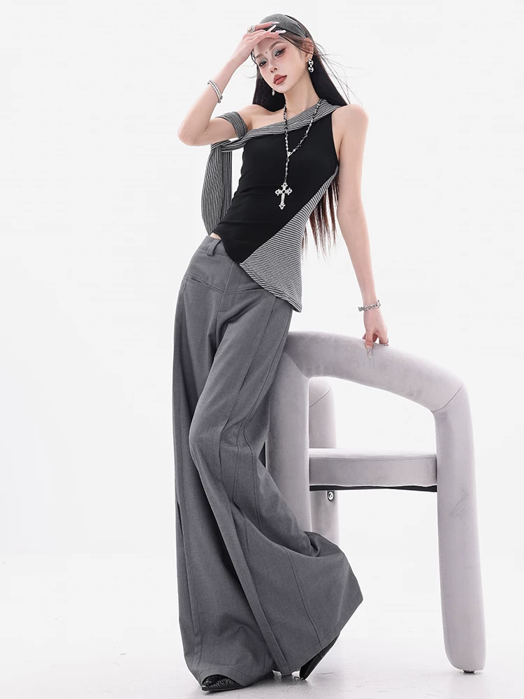 ABWEAR Gaohu Tiancai - Quần vest màu xám thiết kế dáng rộng nguyên bản dành cho nữ, kiểu dáng mỏng mùa hè, quần ống rộng dáng rộng mới