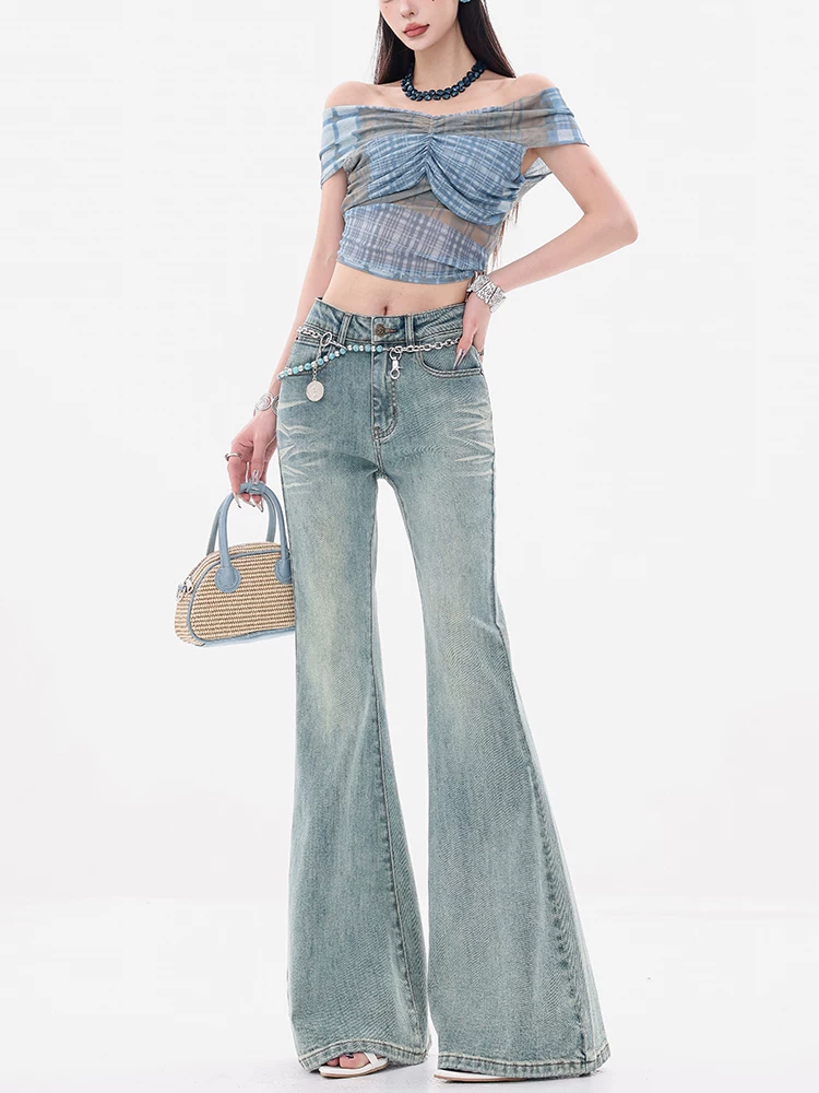 ABWEAR Blues Style - Quần jean ống loe eo thấp nguyên bản dành cho nữ, ôm vừa vặn, quần ống loe đa năng