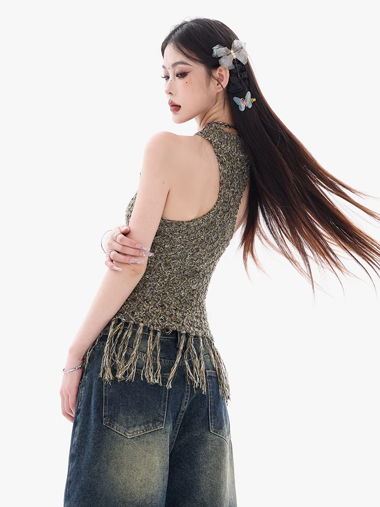Áo ba lỗ thiết kế dây rút độc đáo và đầy màu sắc của ABWEAR dành cho nữ, áo không tay dệt kim khoét rỗng giúp thon gọn