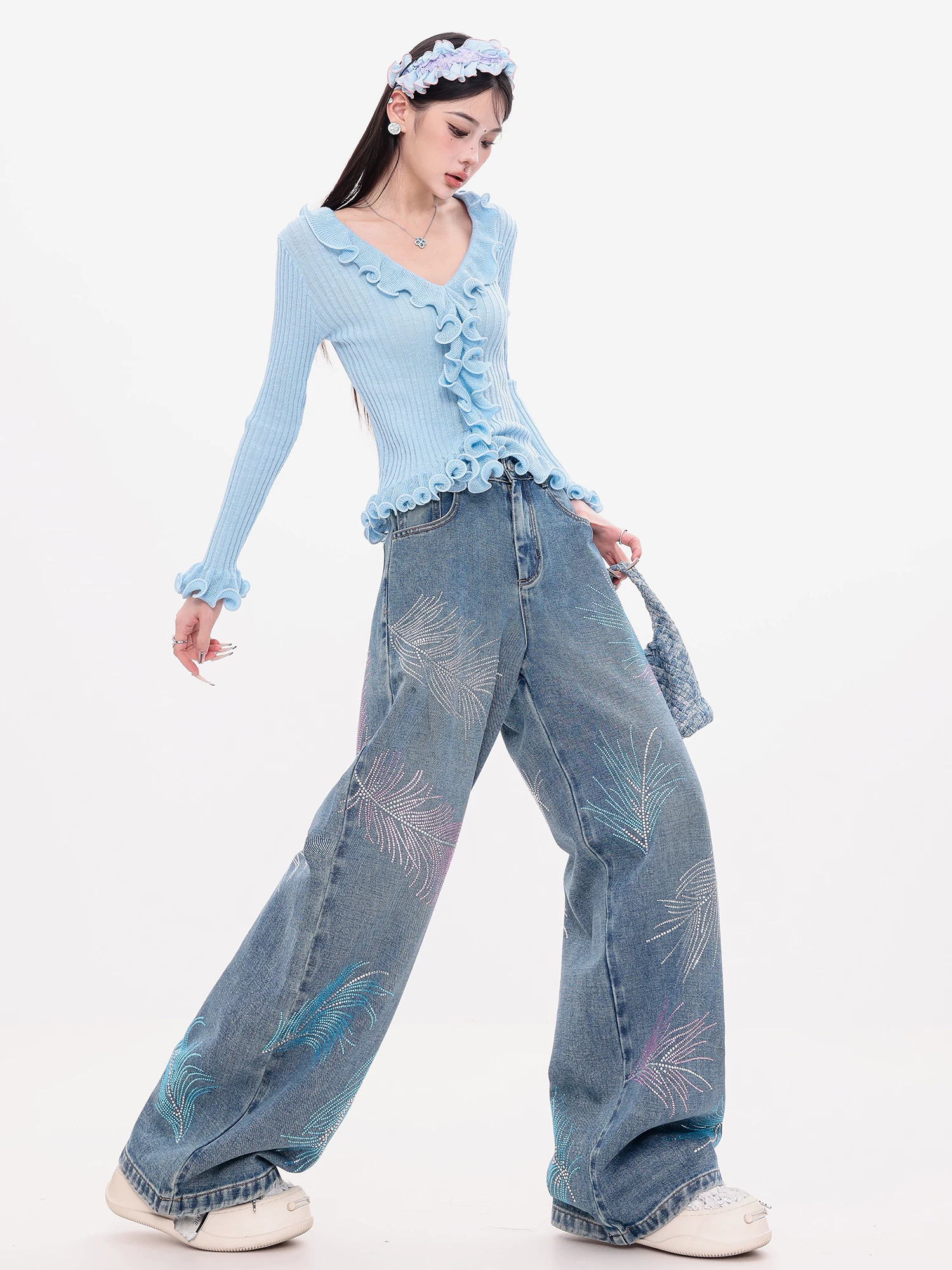 ABWEAR Dazzling Galaxy - Quần jean ống thẳng đính đá nhiều màu sắc nguyên bản dành cho nữ, quần ống rộng dáng rộng đính đá hình chiếc lá