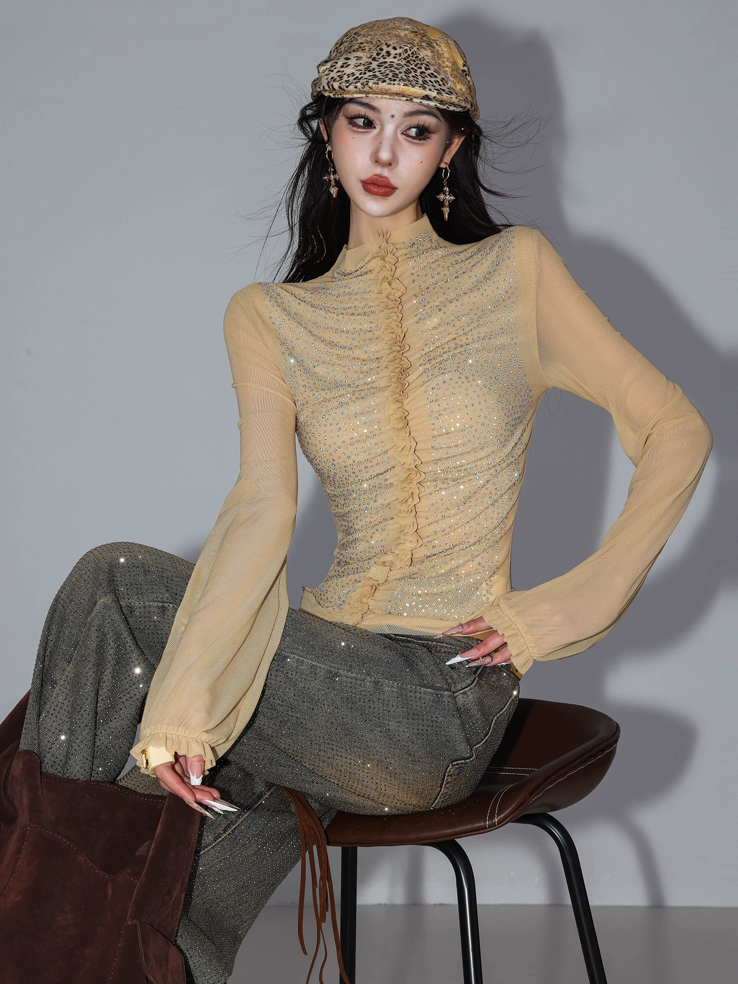 ABWLR Glittering Gold - Áo thun dài tay xếp ly bằng lưới đính đá nguyên bản dành cho nữ, Áo sơ mi dáng ôm vừa vặn mùa thu mới