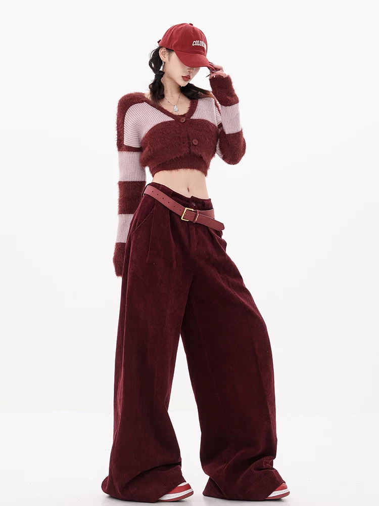 ABWEAR Wei Zhi Dongri - Quần thường ngày bằng vải nhung màu đỏ tía nguyên bản dành cho nữ, phong cách mùa thu mới, quần ống rộng đơn giản.