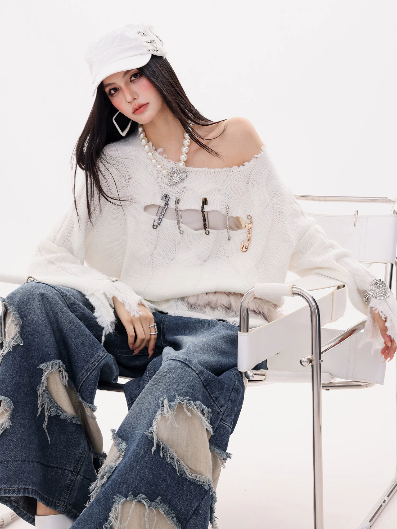 Áo len dệt kim dài tay phong cách Hàn Quốc nguyên bản ABWLR Rock Wave dành cho nữ, áo len dáng rộng khoét lỗ mùa thu đông