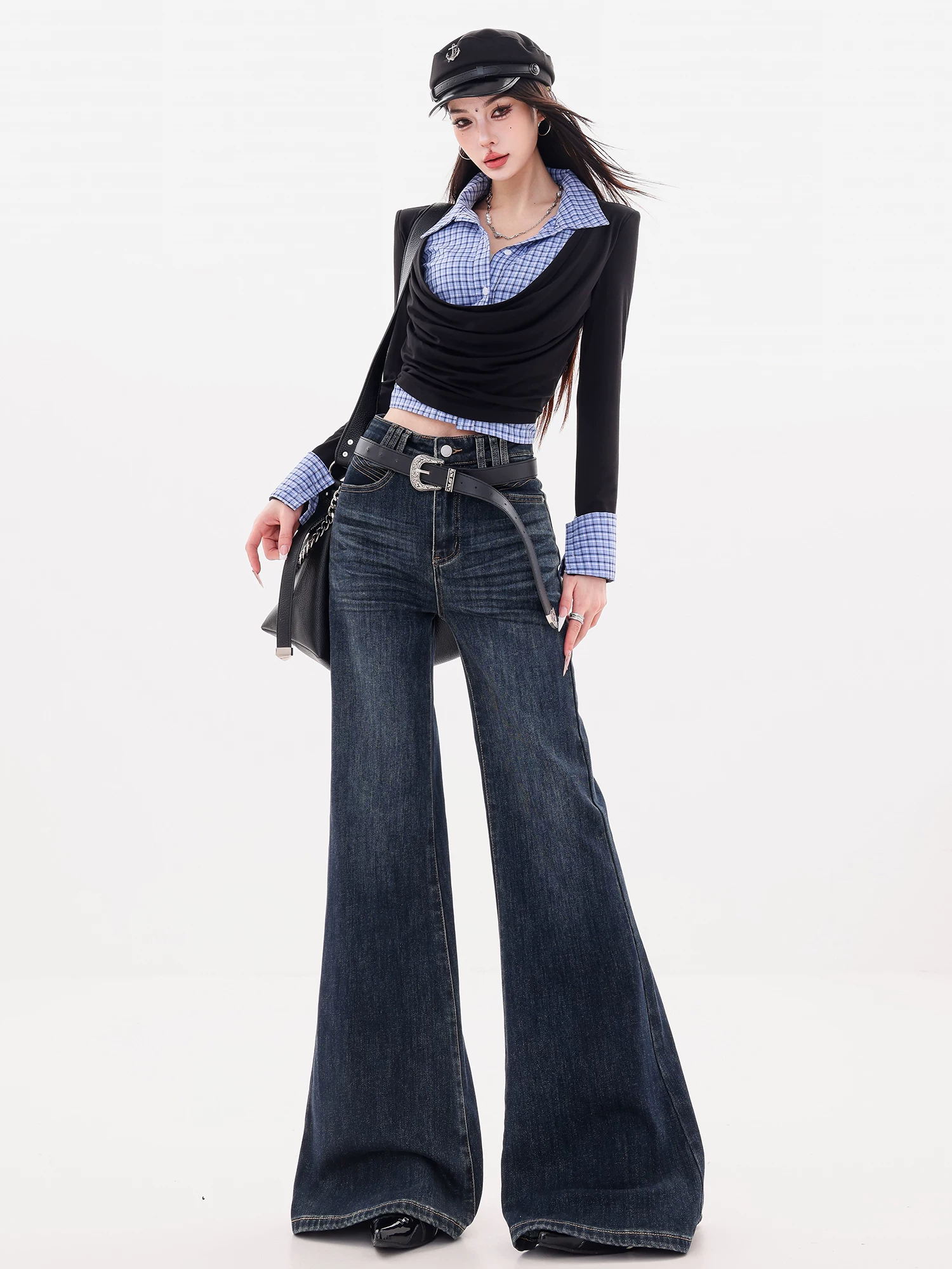 ABWLR Denim Wave - Quần jean ống loe hơi co giãn có lót lông cừu màu xanh nguyên bản dành cho nữ, kiểu dáng ôm vừa vặn, quần ống loe