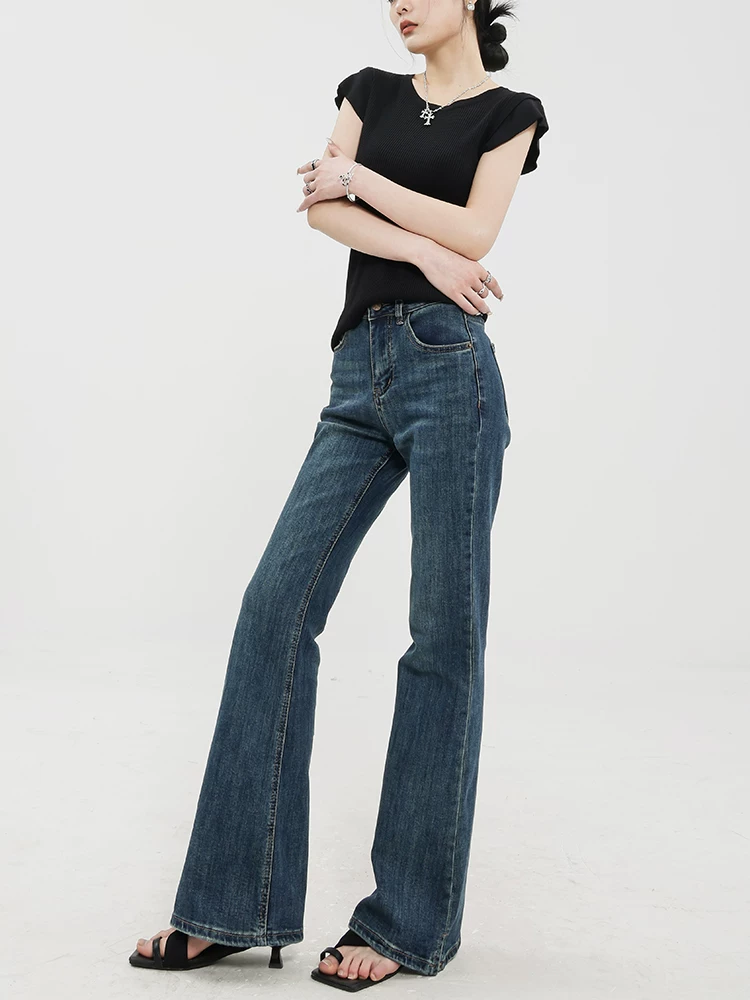 Quần jeans bootcut màu xanh đậm cổ điển ABWEAR dành cho nữ, thu đông 2025, kiểu dáng ôm sát, lót lông cừu, ống loe kiểu móng ngựa