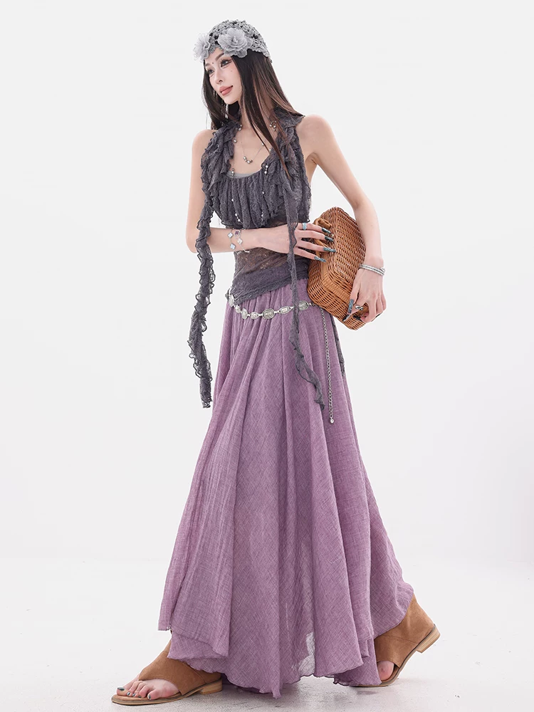 ABWEAR Tiệc trà ngọt kiểu Pháp - thiết kế eo thun nguyên bản Váy chữ A dành cho nữ, váy dài dáng rộng, giản dị