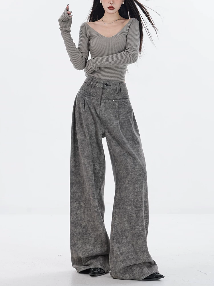 Quần jeans ống rộng lót lông màu xám mới Thu/Đông 2025 của ABWEAR dành cho nữ, kiểu dáng xuông rộng, cạp cao, phong cách thường ngày