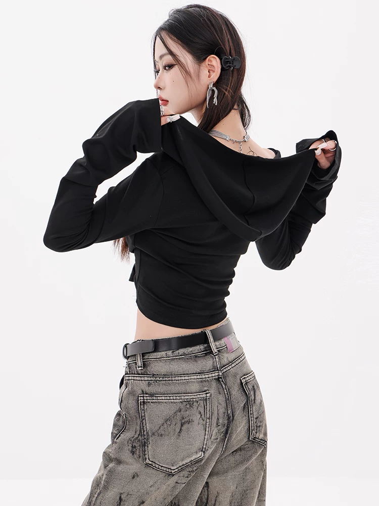 ABWEAR Bard - Áo khoác có mũ trùm đầu dài tay gợi cảm nguyên bản dành cho nữ, áo cổ tròn ngắn đầu thu