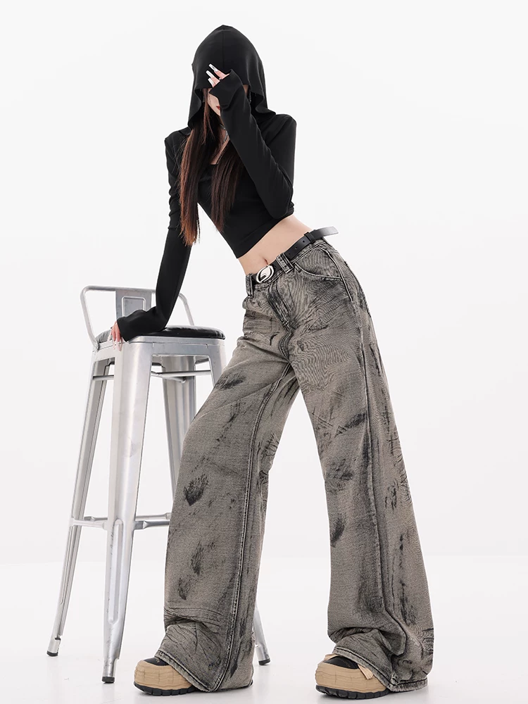ABWEAR Vector Ruins - Quần jean ống rộng nhuộm màu theo phong cách Retro Wasteland dành cho nữ, lót lông cừu, quần ống đứng mới mùa thu/đông