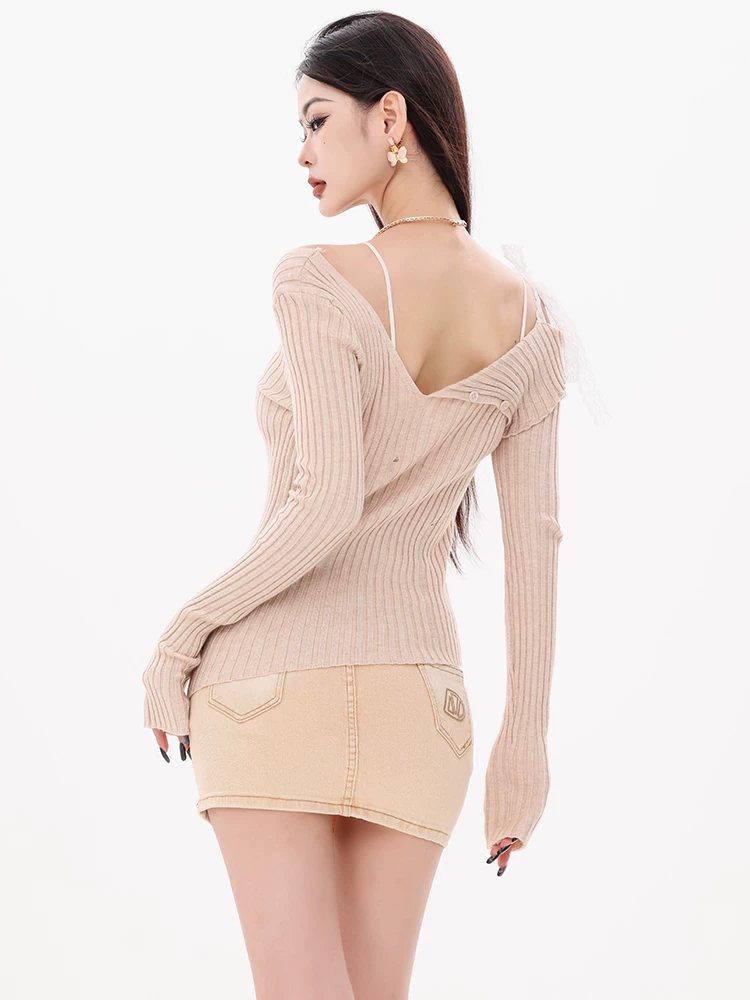 Áo thun nữ ABWEAR Maple Leaf Love Letter - Áo len dệt kim cổ trễ vai, buộc dây, kiểu dáng ôm sát, mới năm 2024