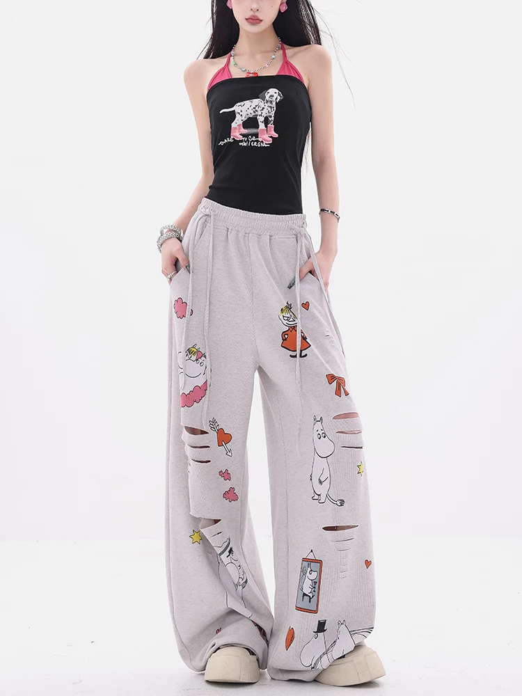 Công viên giải trí ABWEAR - Quần ống rộng in hình hoạt hình nguyên bản, quần ống rộng dáng rộng dành cho nữ