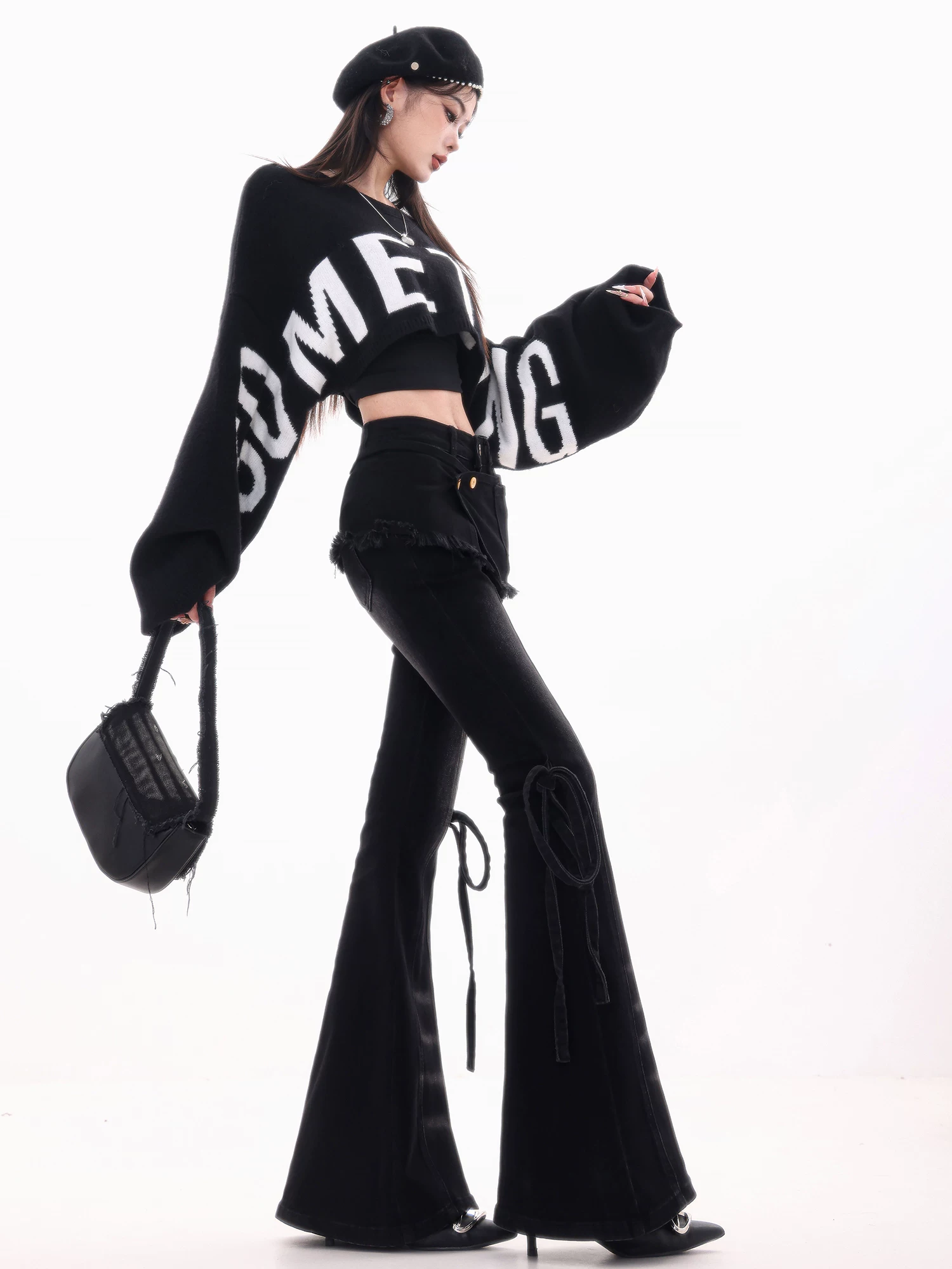 ABWLR Layered Party - Quần jean ống loe màu đen có lót lông cừu có nơ nguyên bản dành cho nữ, quần ống loe cạp cao giúp giảm béo
