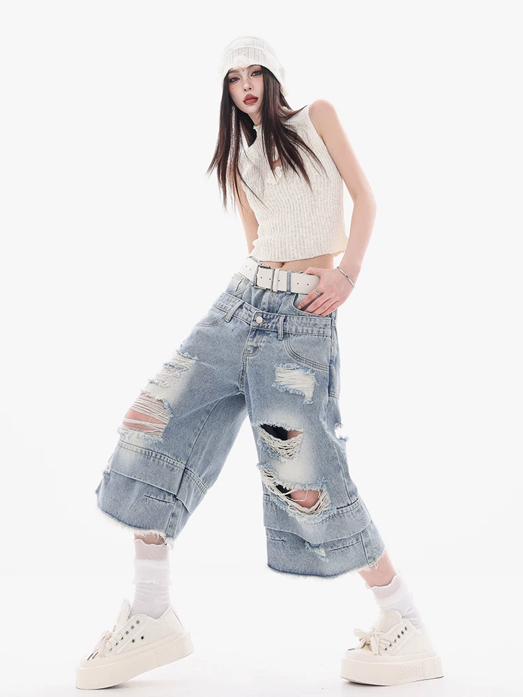 ABWEAR Beyond the Clouds - Quần short denim 7/8 có dây thắt lưng đôi nguyên bản đã được giặt sạch Quần short ống rộng dáng rộng dành cho nữ