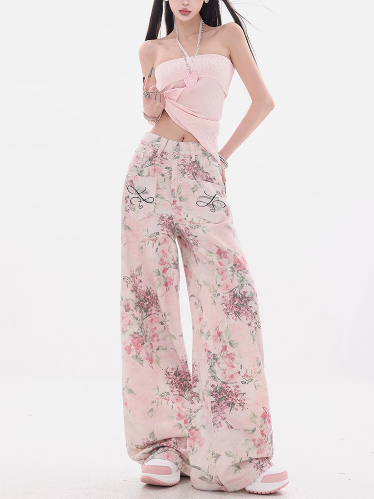 ABWEAR Rosemary Rose-Quần jean in họa tiết màu hồng nguyên bản dành cho nữ mùa hè mới Quần ống rộng thẳng thường ngày