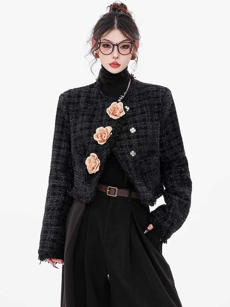 ABWEAR Fragrant Rose - Áo khoác ngắn phong cách Trung Hoa nguyên bản dành cho nữ, phong cách mới mùa thu đông, áo dài tay trang trí hoa hồng