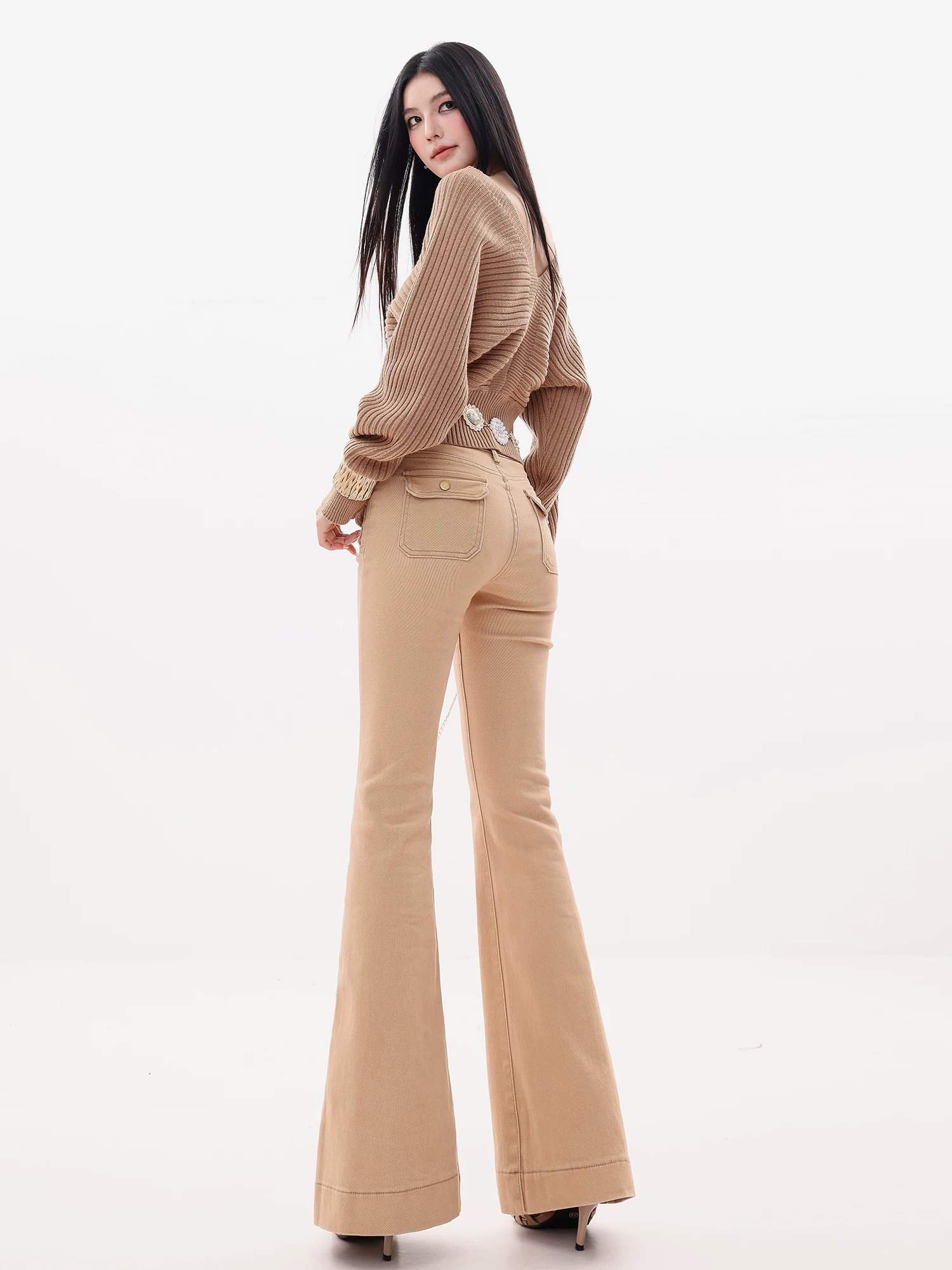 Quần jeans xòe màu kaki nguyên bản ABWLR Elegant Statement dành cho nữ, cạp cao, tôn dáng, ôm sát, kiểu dáng chuông, kiểu dáng móng ngựa