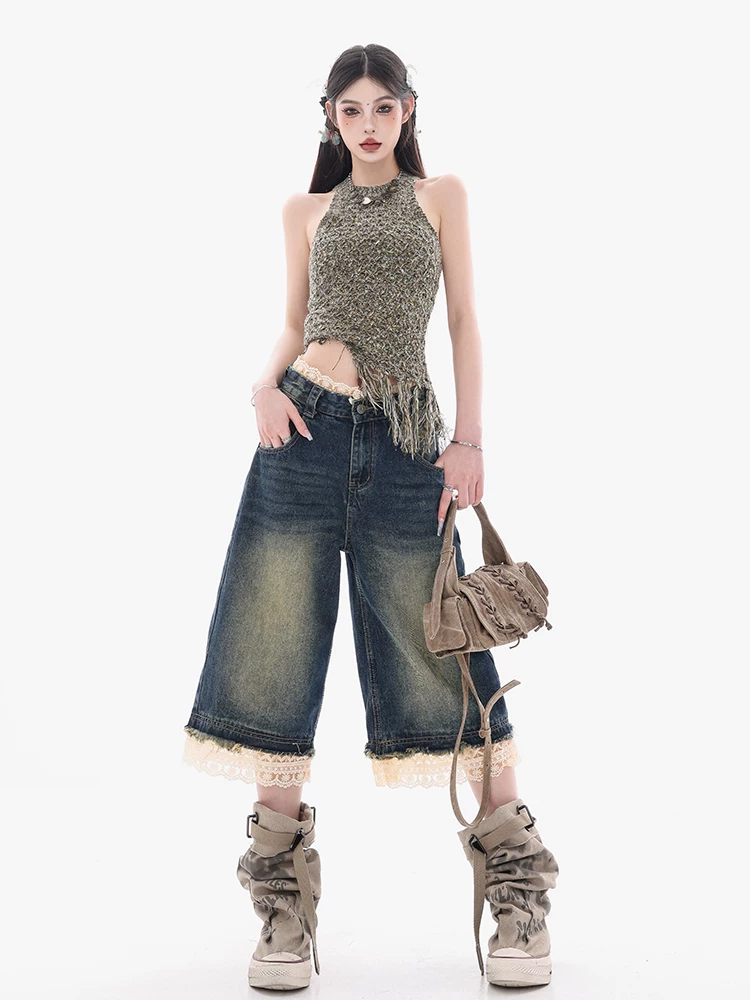 Quần short nữ ống rộng ABWEAR Camellia Language - Denim phối ren kiểu Mỹ cổ điển đã qua xử lý, kiểu dáng 7/8