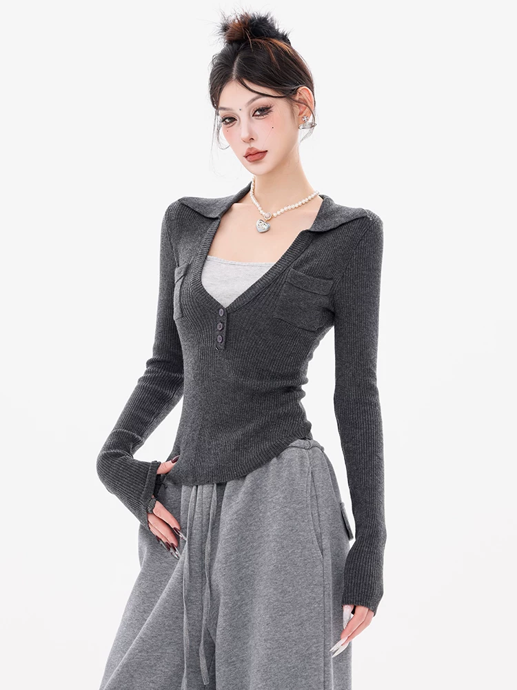 Áo len dệt kim giả hai mảnh cổ chữ V nguyên bản của ABWEAR dành cho nữ mùa thu đông 2024 mới kiểu dáng ôm vừa vặn đa năng