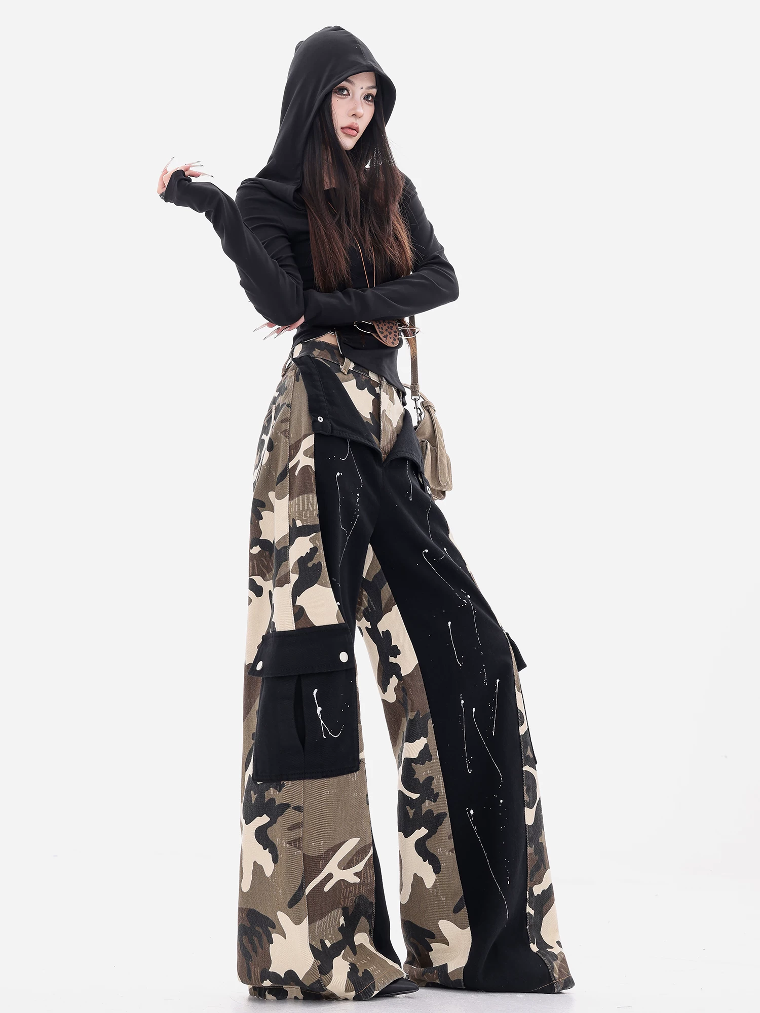 ABWEAR Fifth Street-Original 2025 Quần jean công sở phối họa tiết ngụy trang đầu thu Quần ống rộng dáng rộng dành cho nữ