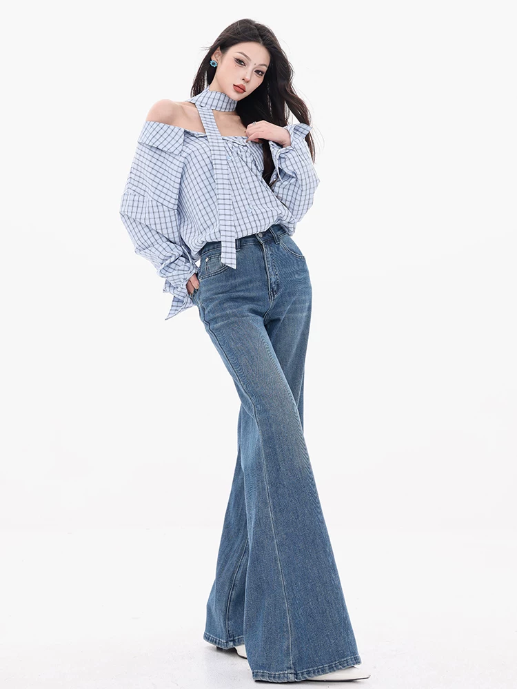 Quần jeans micro-flared cạp cao kiểu retro đã qua xử lý làm mềm của ABWEAR Law & Order - Mẫu mới năm 2025, quần ống rộng dáng chuông dành cho nữ
