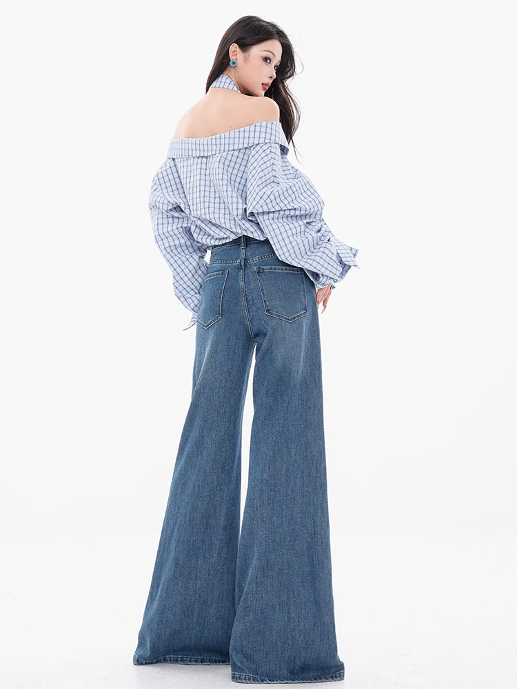 Quần jeans micro-flared cạp cao kiểu retro đã qua xử lý làm mềm của ABWEAR Law & Order - Mẫu mới năm 2025, quần ống rộng dáng chuông dành cho nữ