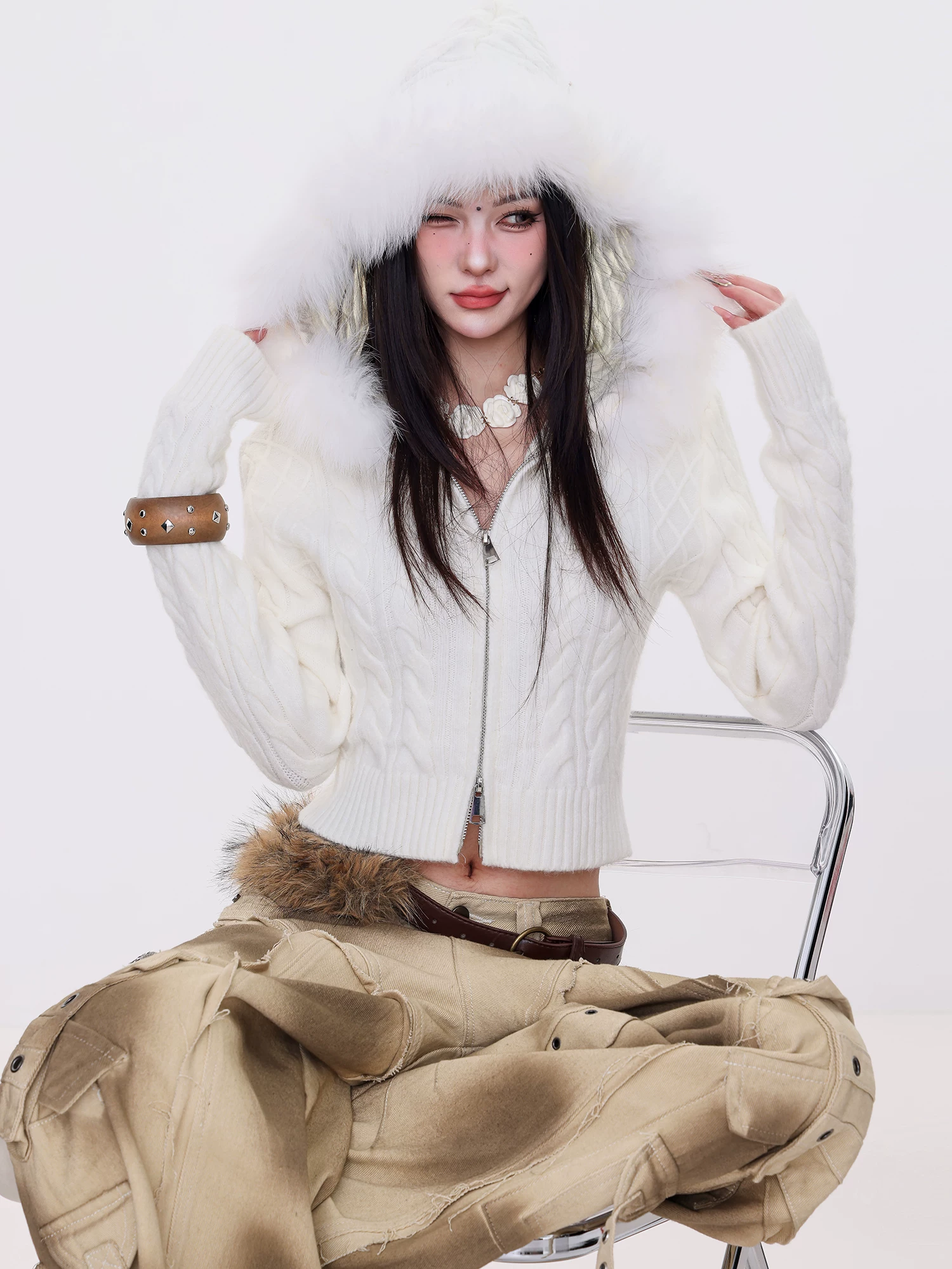 ABWLR Finnish First Snow - Áo len dệt kim có mũ trùm đầu cổ lông phong cách Hàn Quốc nguyên bản dành cho nữ Áo khoác len có khóa kéo mùa thu đông