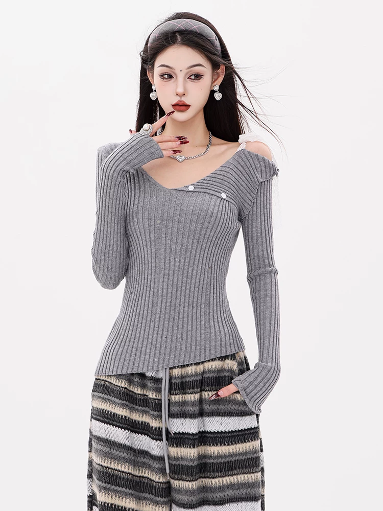 ABWEAR Maple Leaf Love Letter - Áo len dệt kim dài tay có cổ lệch vai bất đối xứng nguyên bản dành cho nữ, áo kiểu dáng ôm vừa vặn mới cho mùa thu đông