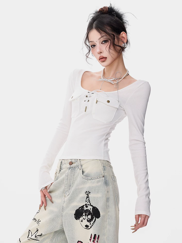 ABWEAR Tiếng bí mật của người Ba Tư - Áo thun dài tay màu trắng nguyên bản dành cho nữ, thiết kế thắt lưng gợi cảm, áo lót