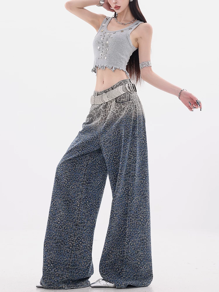 ABWEAR Họa Tiết Da Báo Jungle-Original Retro gradient Sequin Quần Jean Họa Tiết Da Báo Nữ Mùa Hè Quần Ống Rộng
