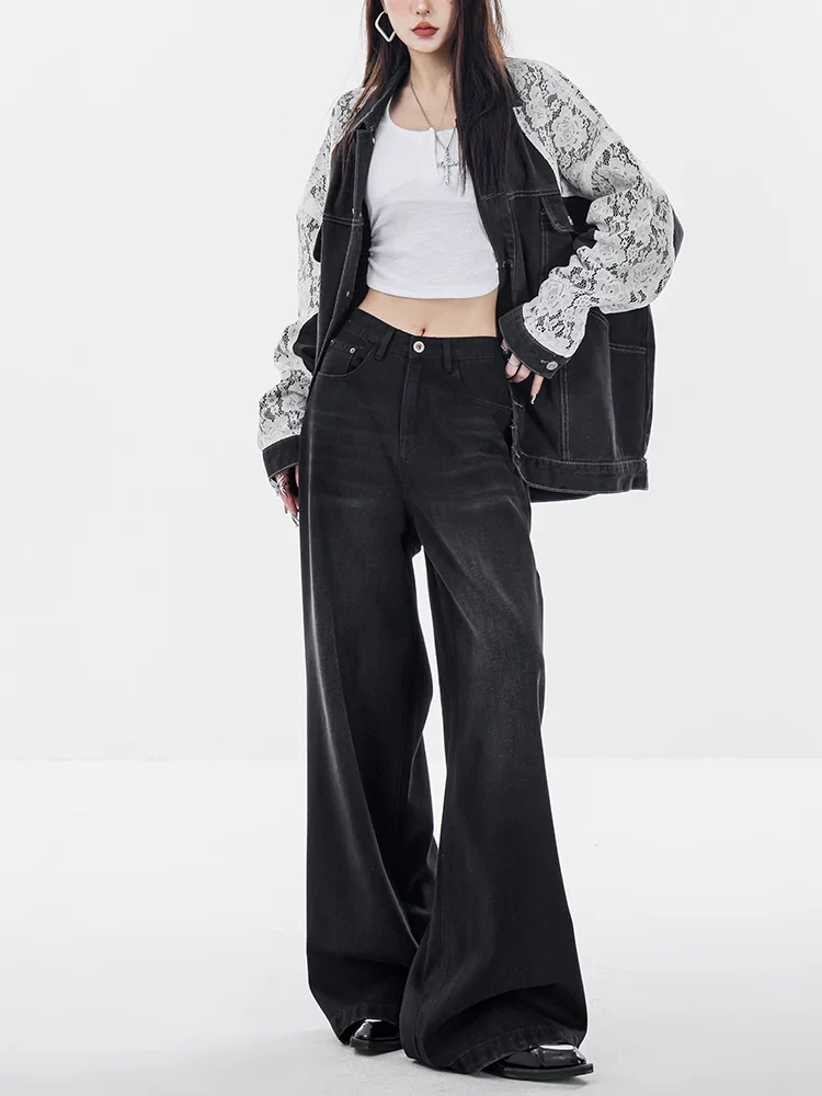 Quần jeans ống rộng màu đen thu đông ABWEAR dành cho nữ 2025, kiểu dáng mới, rộng rãi, dài chấm đất, dáng thẳng