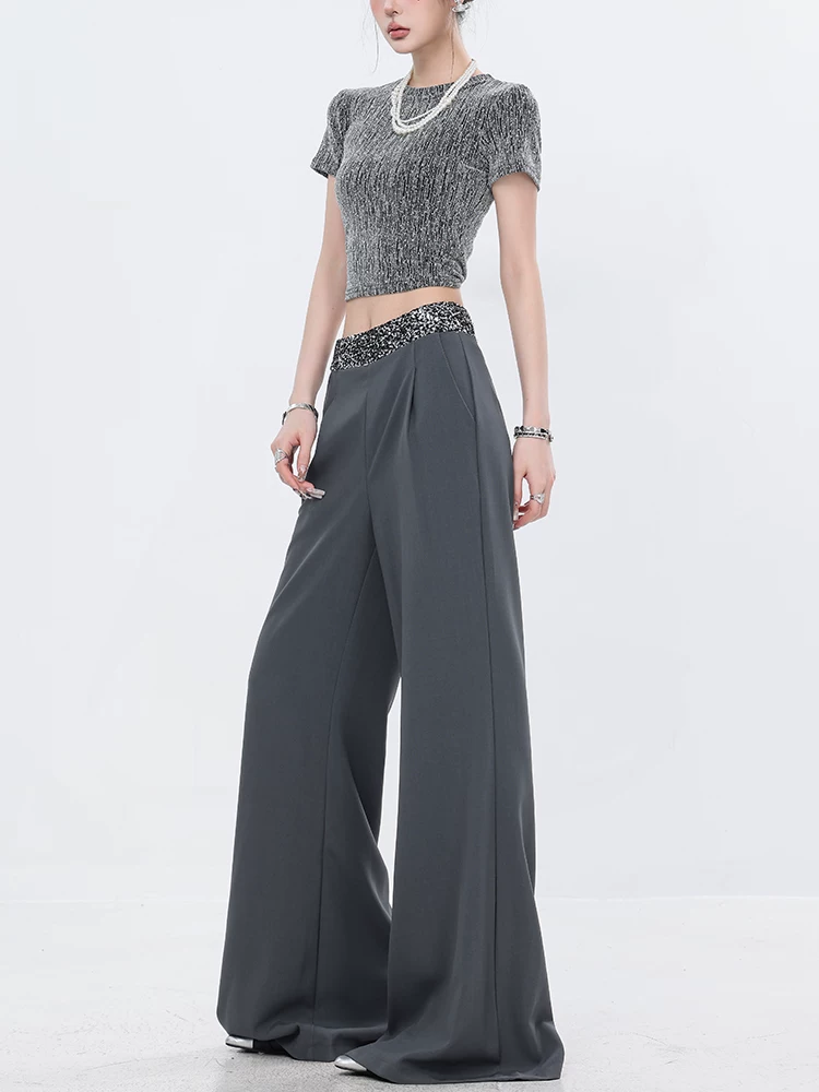 Quần vest màu xám xếp nếp đính sequin nguyên bản của ABWEAR dành cho nữ, phong cách mùa hè mới, dáng rộng, quần ống rộng tôn dáng