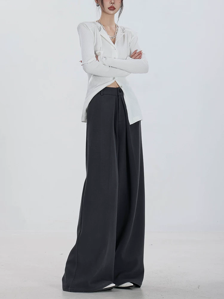 ABWEAR Urban Stroll - Quần thường ngày dày dặn bằng len màu xám nguyên bản dành cho nữ, quần ống rộng mùa thu đông với thiết kế ống thẳng xếp nếp