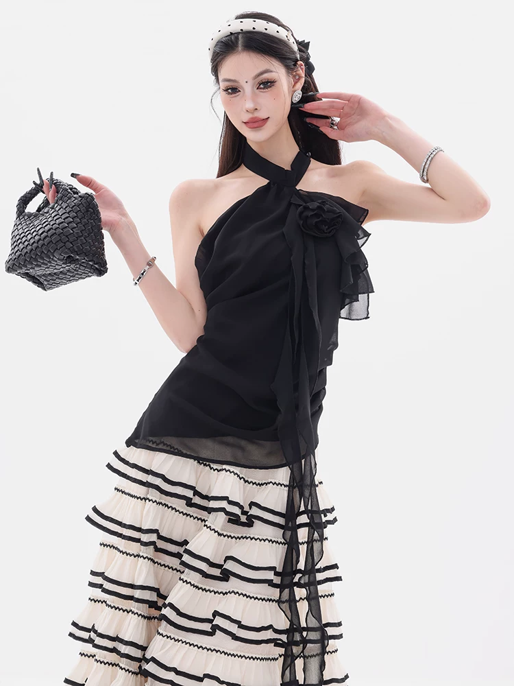 ABWEAR Rose Garden - Áo kiểu dáng không đều kiểu dáng nguyên bản có xếp ly hoa hồng dành cho nữ