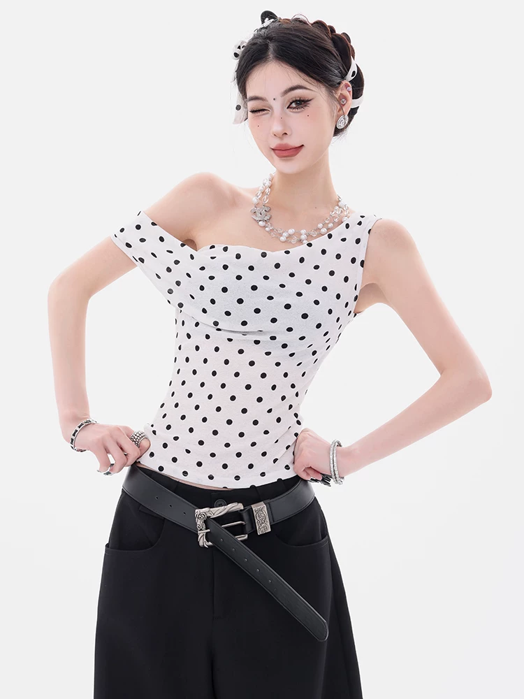 ABWEAR Tipsy Moment - Áo thun ngắn tay ôm sát eo, thiết kế chấm bi nguyên bản, kiểu dáng ôm sát eo, tay ngắn dành cho nữ