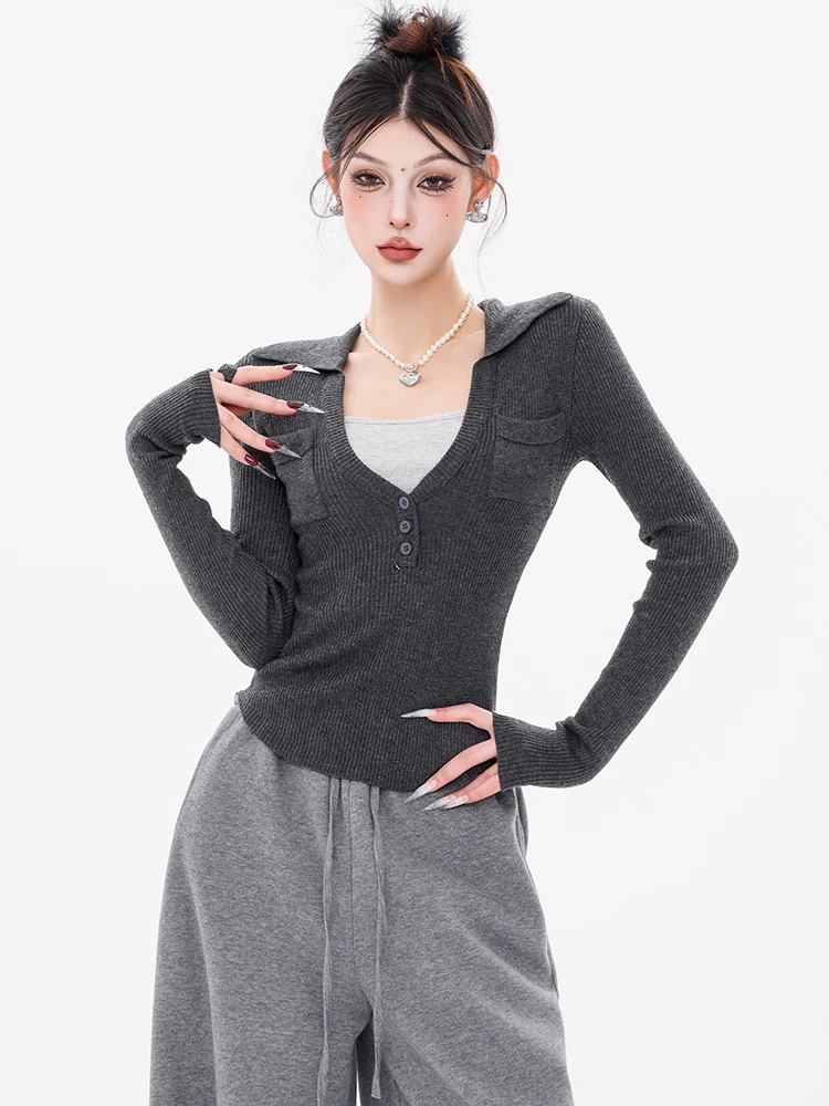 Áo len dệt kim giả hai mảnh cổ chữ V nguyên bản của ABWEAR dành cho nữ mùa thu đông 2024 mới kiểu dáng ôm vừa vặn đa năng
