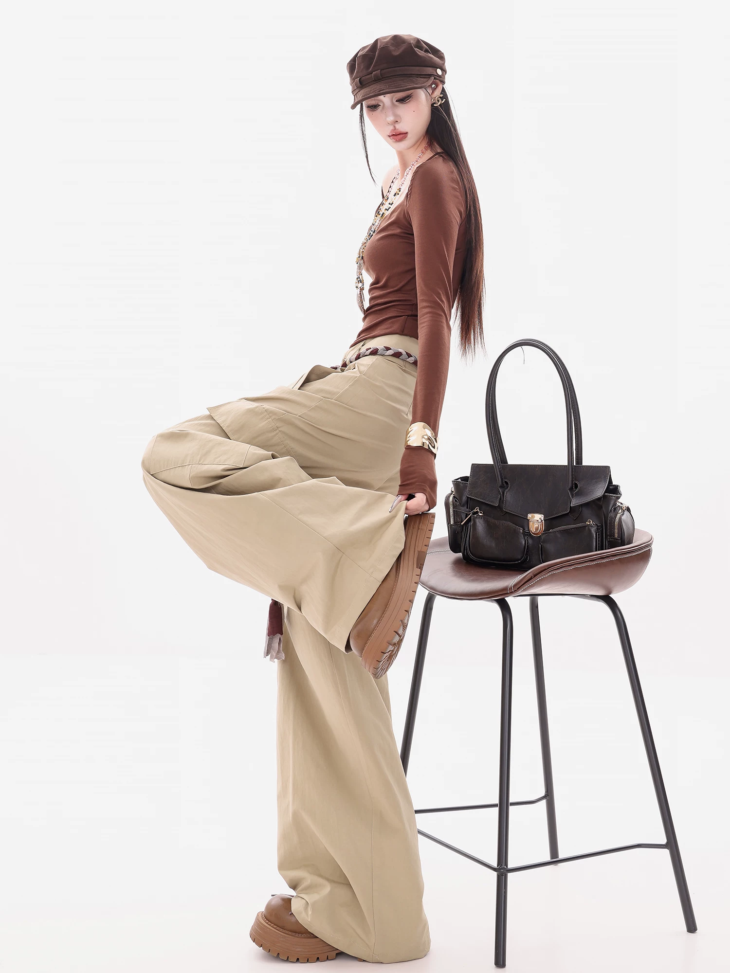 ABWEAR Ivy Love - Quần công sở cổ điển kiểu Mỹ nguyên bản dành cho nữ, quần ống rộng dáng rộng đa năng mùa thu