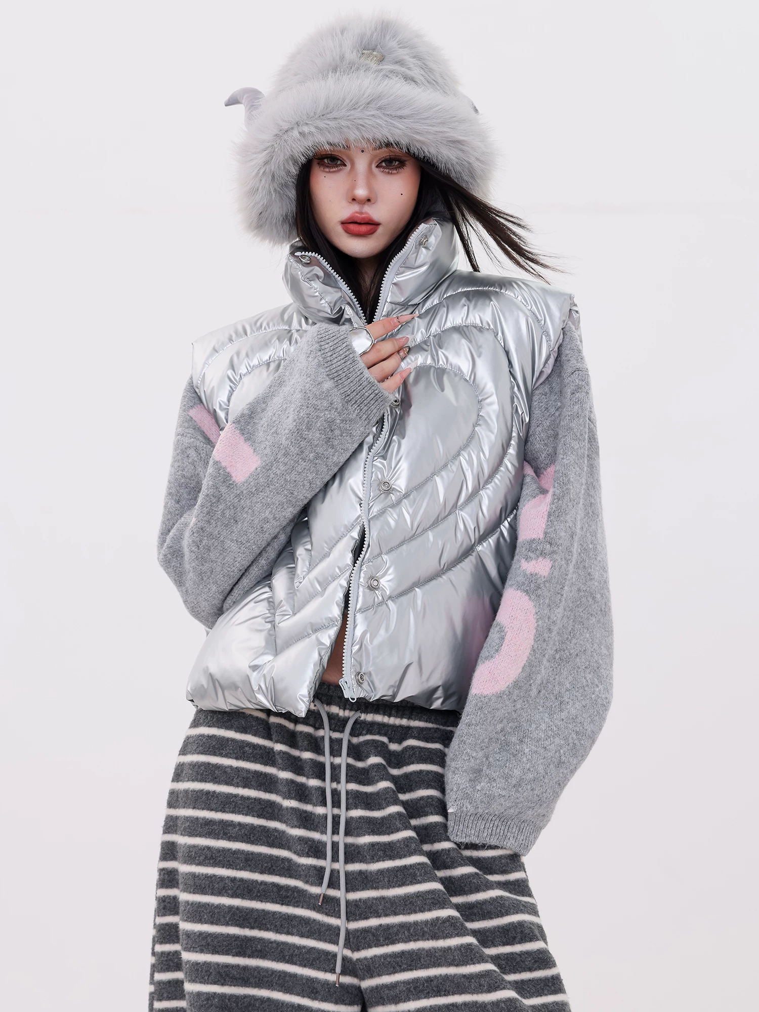 ABWLR Snowy Journey - Áo khoác cotton không tay kiểu dáng công nghệ tương lai nguyên bản Áo khoác cotton ngắn cổ đứng dành cho nữ